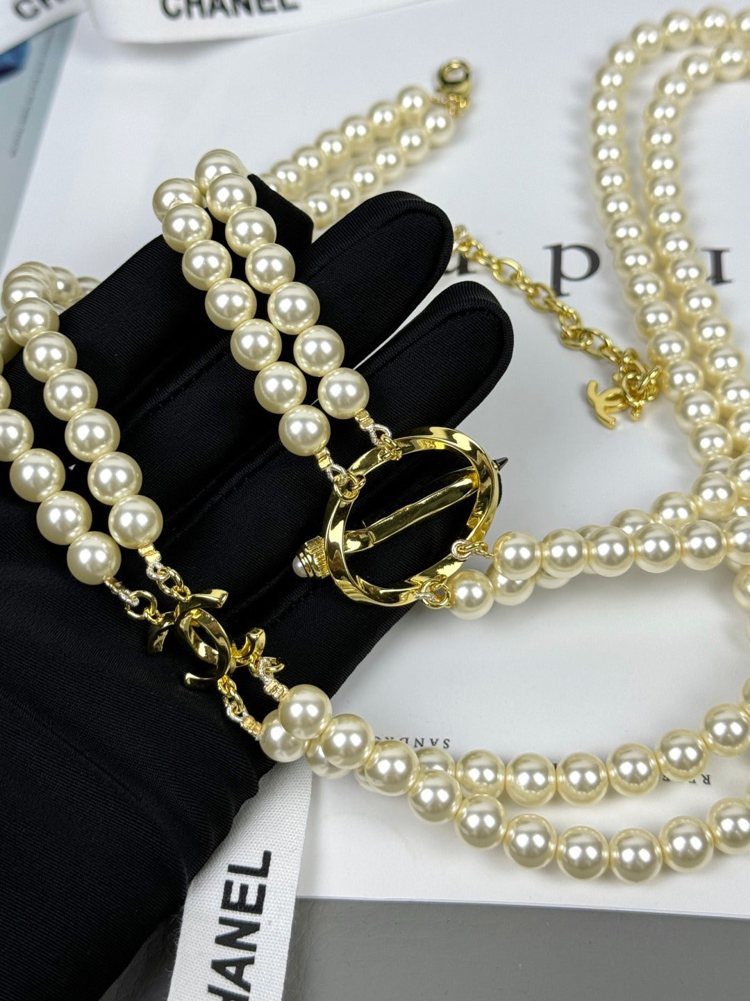 [Spark]25K Pencil Double C Double-Layer Pearl Sweater Chain